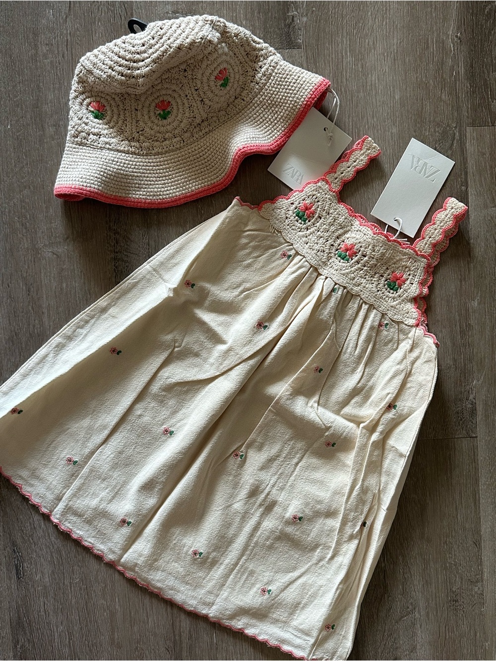 Zara Kids Cream Dress with Pink Trim and Matching Crochet Hat